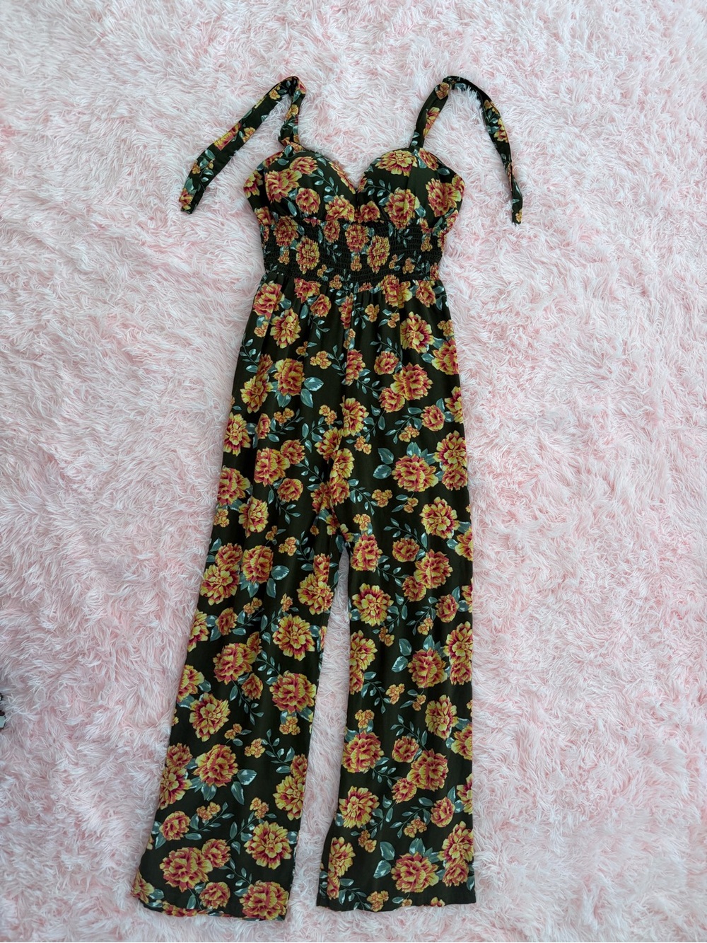 Derek Heart Green Floral Tie-Shoulder Jumpsuit with Mustard Roses
